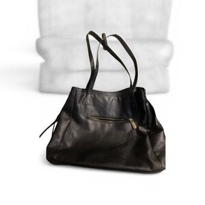 Everyday Black Leather Tote with Front Zip Pocket